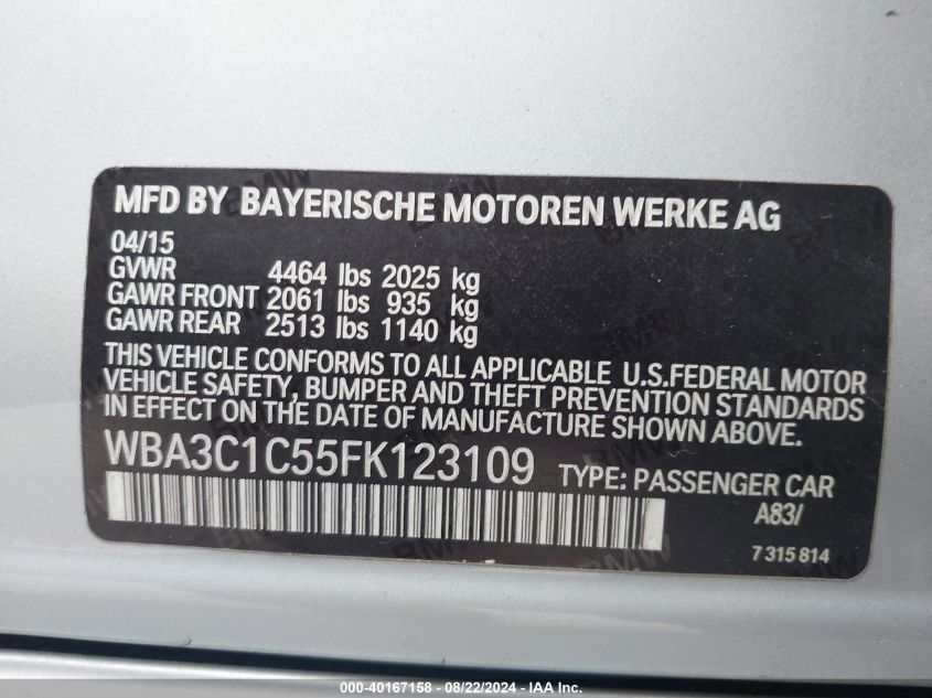 2015 BMW 328I VIN: WBA3C1C55FK123109 Lot: 40167158