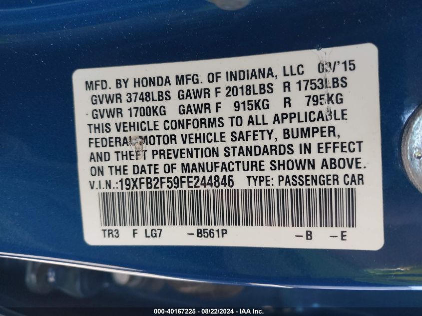 2015 Honda Civic Lx VIN: 19XFB2F59FE244846 Lot: 40167225