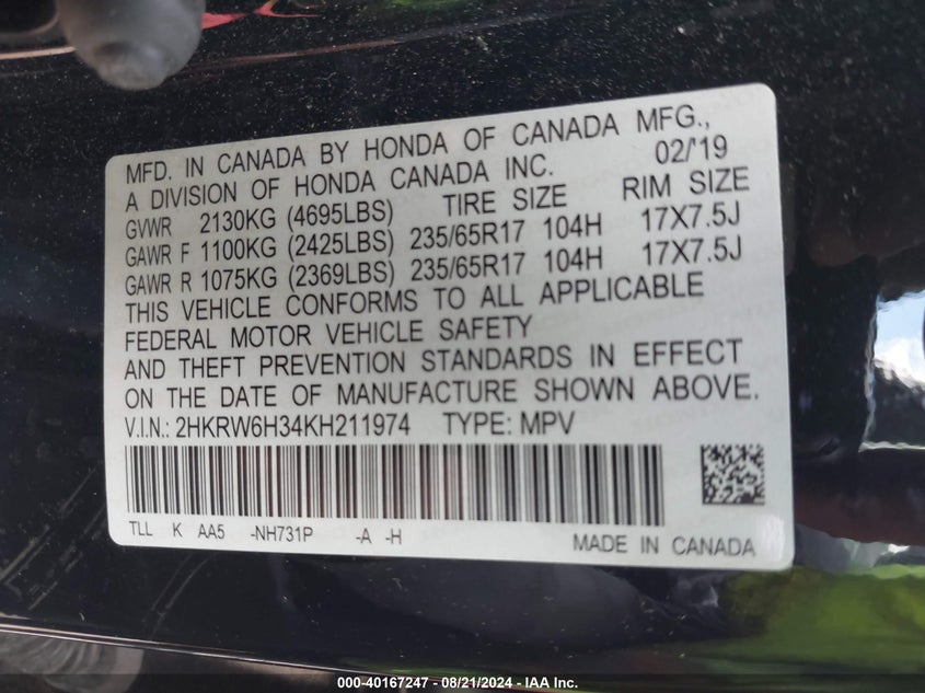 2019 HONDA CR-V LX - 2HKRW6H34KH211974