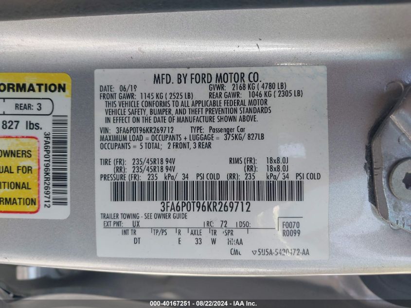 2019 FORD FUSION SE - 3FA6P0T96KR269712