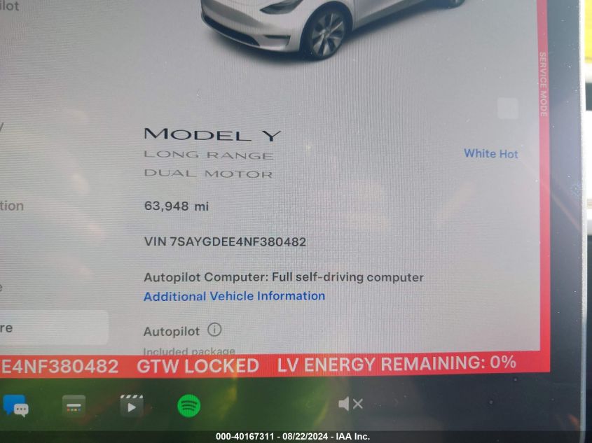 2022 Tesla Model Y Long Range Dual Motor All-Wheel Drive VIN: 7SAYGDEE4NF380482 Lot: 40167311