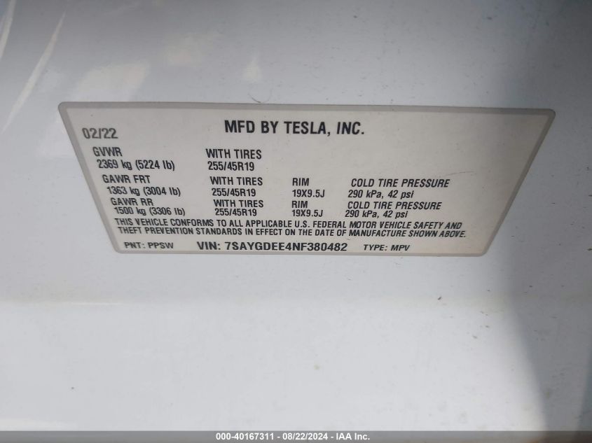 2022 Tesla Model Y Long Range Dual Motor All-Wheel Drive VIN: 7SAYGDEE4NF380482 Lot: 40167311