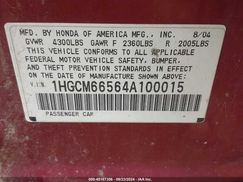 2004 Honda Accord 3.0 Ex VIN: 1HGCM66564A100015 Lot: 40167356