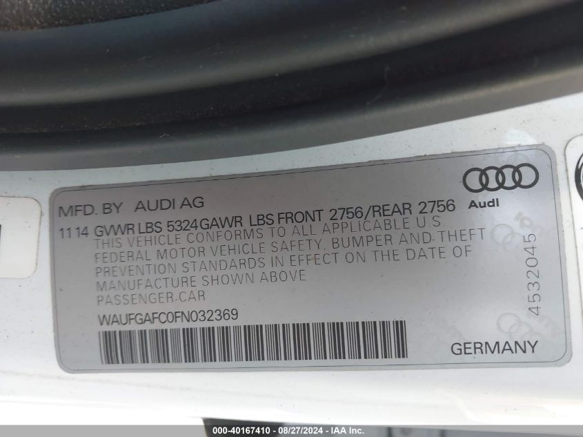 2015 Audi A6 3.0T Premium Plus VIN: WAUFGAFC0FN032369 Lot: 40167410