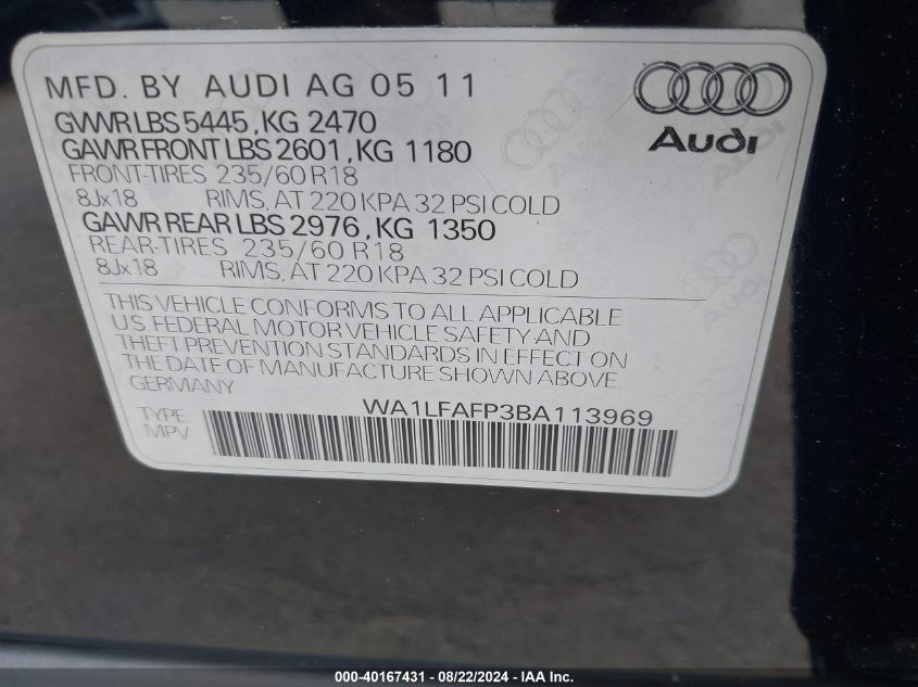 WA1LFAFP3BA113969 2011 Audi Q5 2.0T Premium