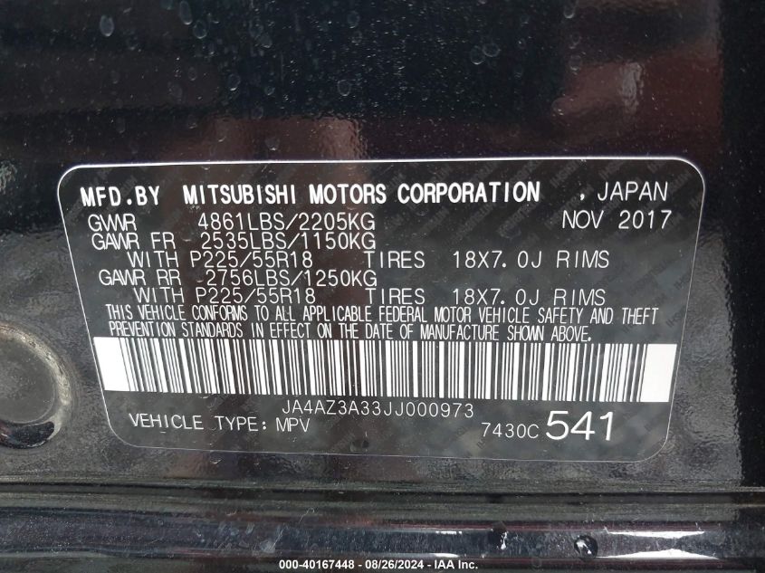 2018 Mitsubishi Outlander Se VIN: JA4AZ3A33JJ000973 Lot: 40167448