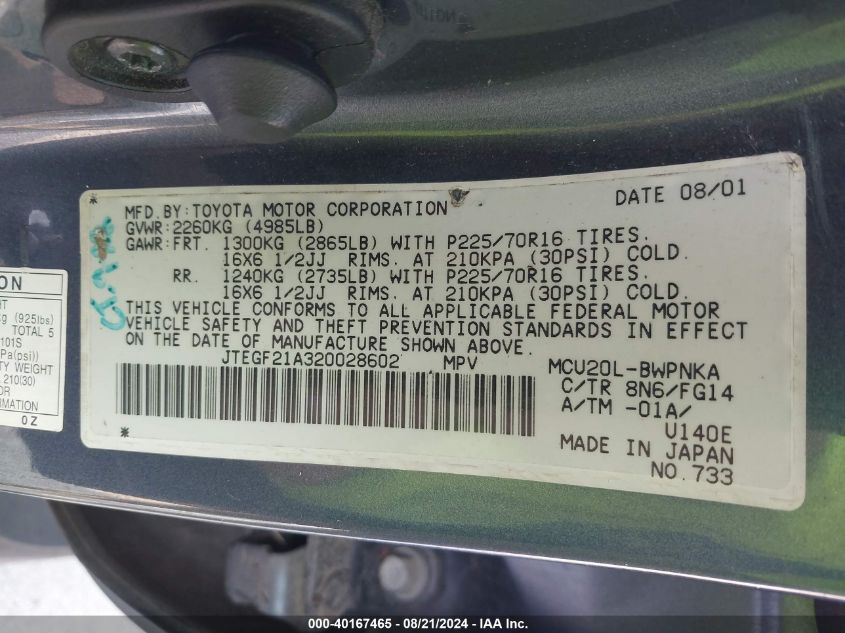 2002 Toyota Highlander Limited VIN: JTEGF21A320028602 Lot: 40167465