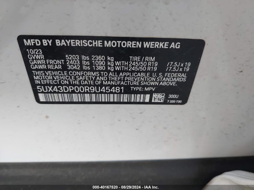 2024 BMW X3 Sdrive30I VIN: 5UX43DP00R9U45481 Lot: 40167520