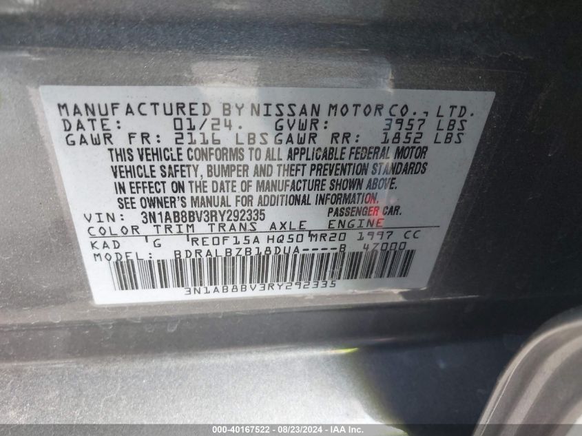 2024 Nissan Sentra S VIN: 3N1AB8BV3RY292335 Lot: 40167522