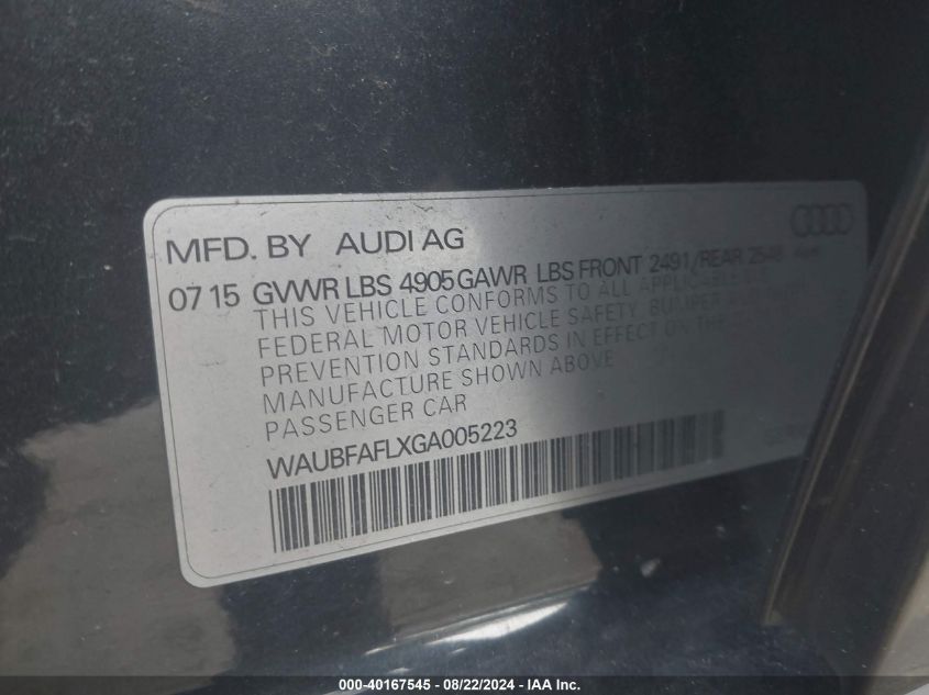 WAUBFAFLXGA005223 2016 Audi A4 2.0T Premium