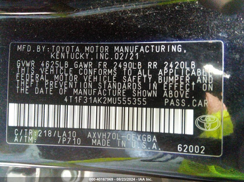 4T1F31AK2MU555355 2021 Toyota Camry Xle Hybrid