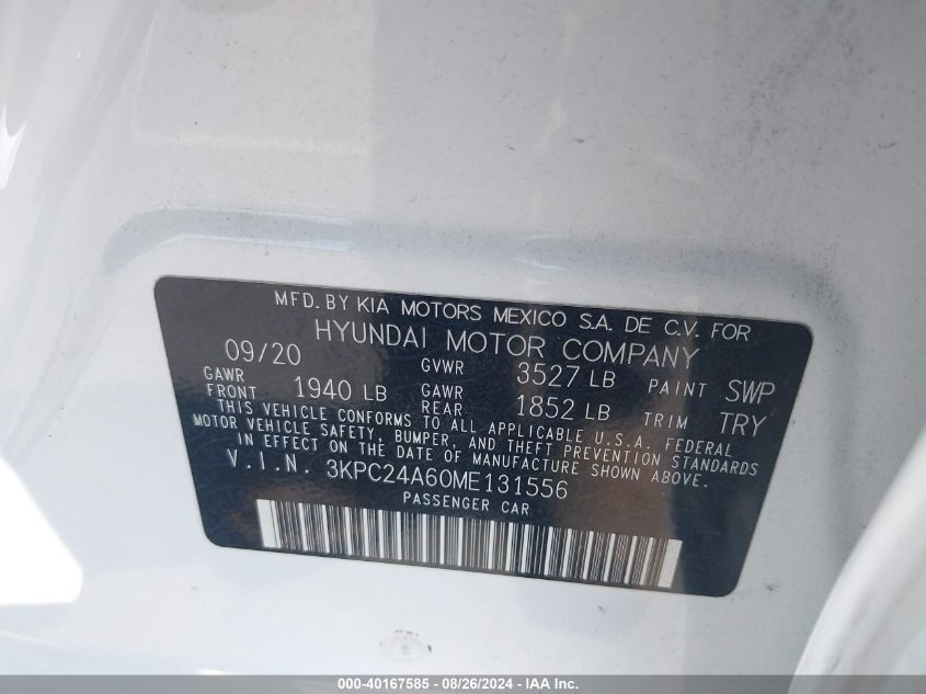 2021 Hyundai Accent Se VIN: 3KPC24A60ME131556 Lot: 40167585