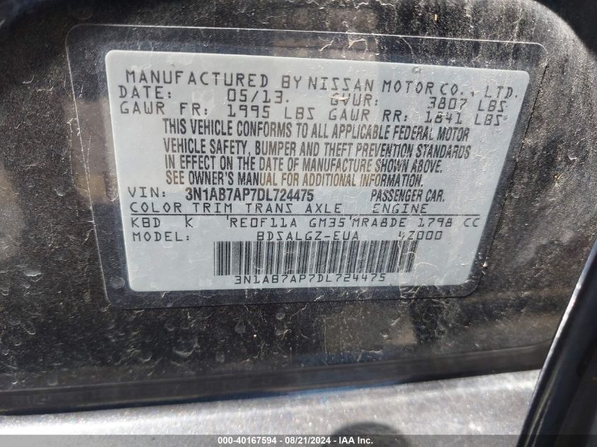 2013 Nissan Sentra Sl VIN: 3N1AB7AP7DL724475 Lot: 40167594