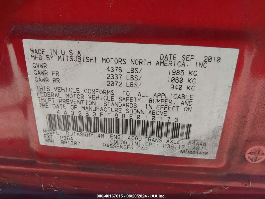 2011 Mitsubishi Galant Es/Se VIN: 4A32B3FF9BE010173 Lot: 40167615