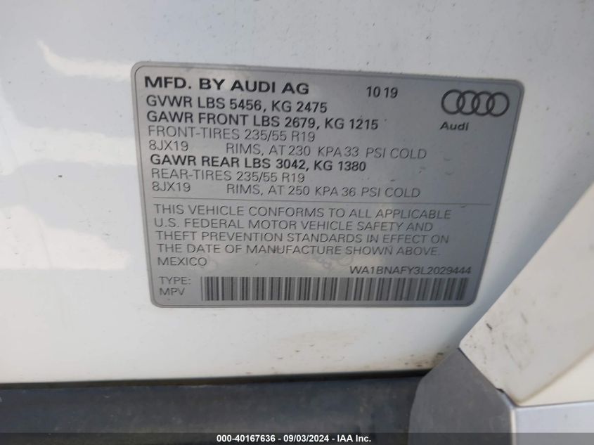 2020 Audi Q5 Premium Plus 45 Tfsi Quattro S Tronic VIN: WA1BNAFY3L2029444 Lot: 40167636