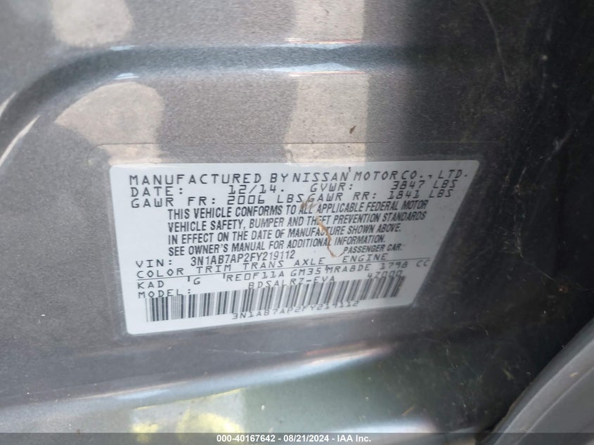 2015 Nissan Sentra Sr VIN: 3N1AB7AP2FY219112 Lot: 40167642