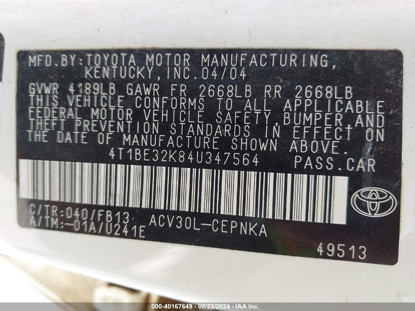 4T1BE32K84U347564 2004 Toyota Camry Le