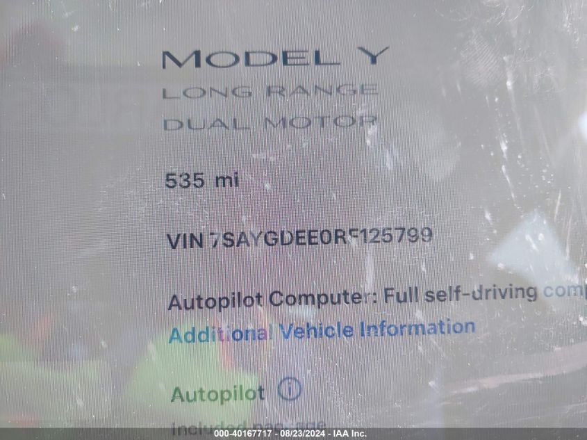 2024 Tesla Model Y VIN: 7SAYGDEE0RF125799 Lot: 40167717