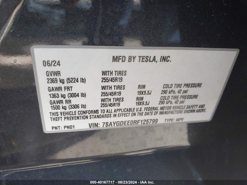 2024 Tesla Model Y VIN: 7SAYGDEE0RF125799 Lot: 40167717