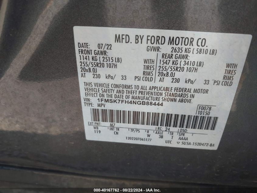 2022 Ford Explorer Limited VIN: 1FMSK7FH4NGB88444 Lot: 40167762