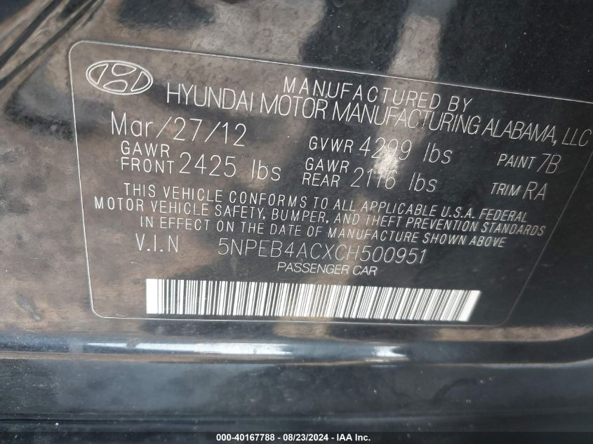 2012 Hyundai Sonata Gls VIN: 5NPEB4ACXCH500951 Lot: 40167788