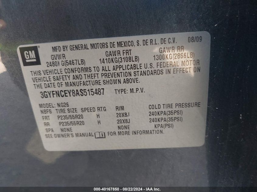 2010 Cadillac Srx Premium Collection VIN: 3GYFNCEY8AS515487 Lot: 40167850