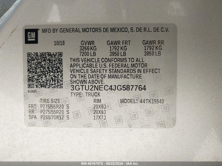 3GTU2NEC4JG587764 2018 GMC Sierra 1500 Slt