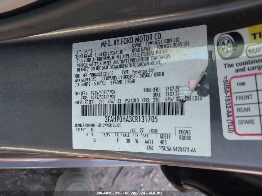 2012 Ford Fusion Se VIN: 3FAHP0HA3CR131705 Lot: 40167915