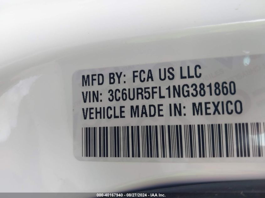 2022 Ram 2500 Laramie 4X4 6'4 Box VIN: 3C6UR5FL1NG381860 Lot: 40167940