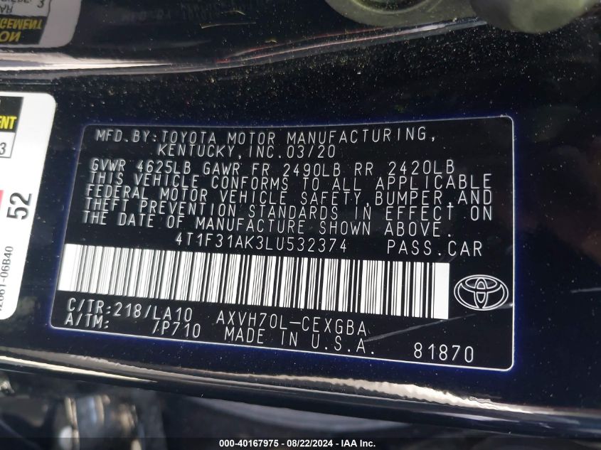 2020 Toyota Camry Xle Hybrid VIN: 4T1F31AK3LU532374 Lot: 40167975