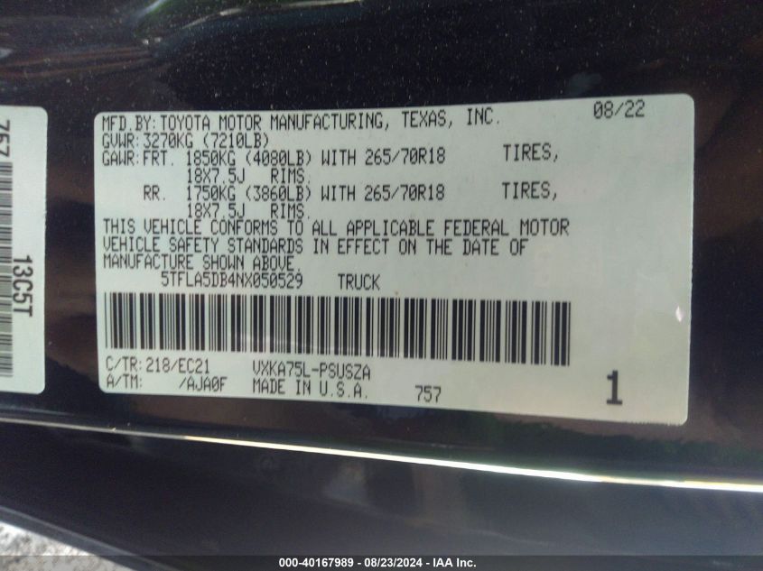 2022 Toyota Tundra Sr5 VIN: 5TFLA5DB4NX050529 Lot: 40167989