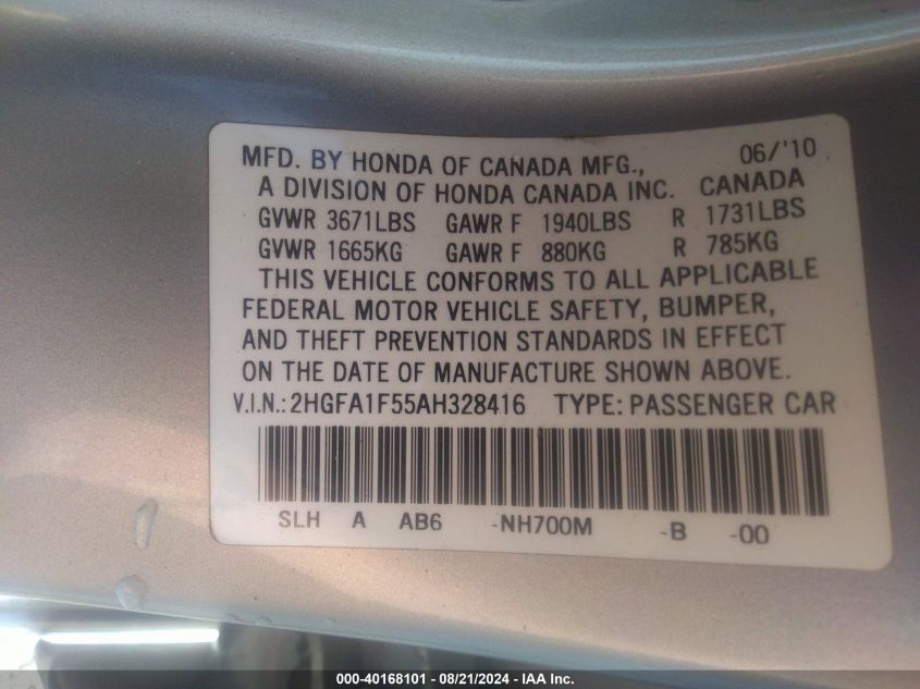 2HGFA1F55AH328416 2010 Honda Civic Lx