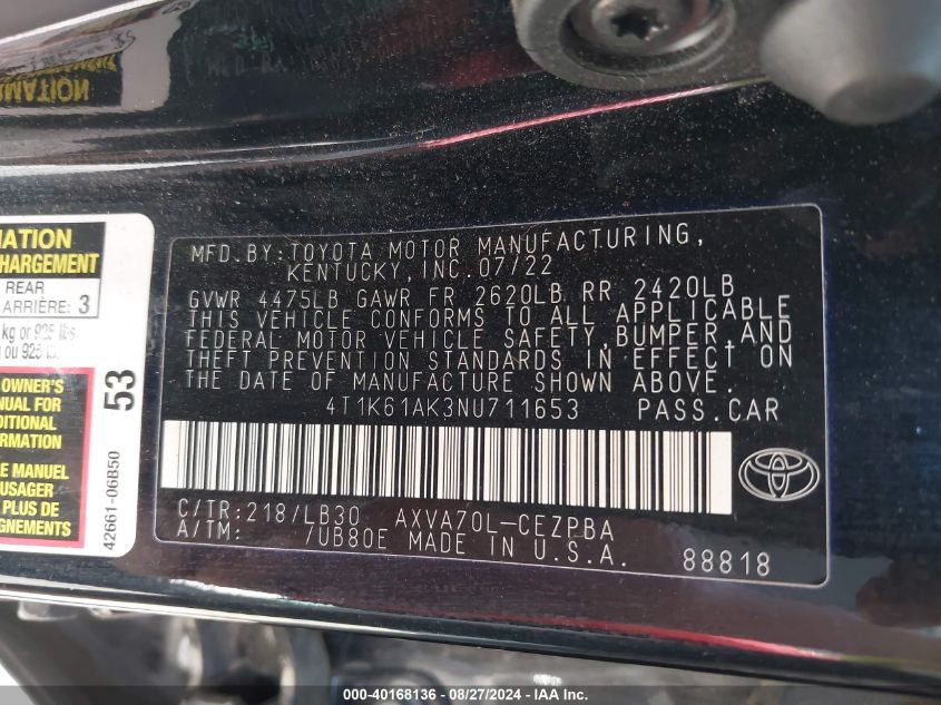 4T1K61AK3NU711653 2022 Toyota Camry Xse