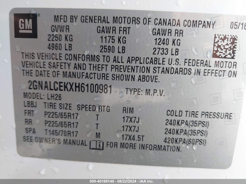 VIN 2GNALCEKXH6100981 2017 CHEVROLET EQUINOX LT