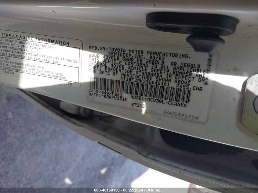 2003 Toyota Camry Le V6 VIN: 4T1BF32K33U048401 Lot: 40168150