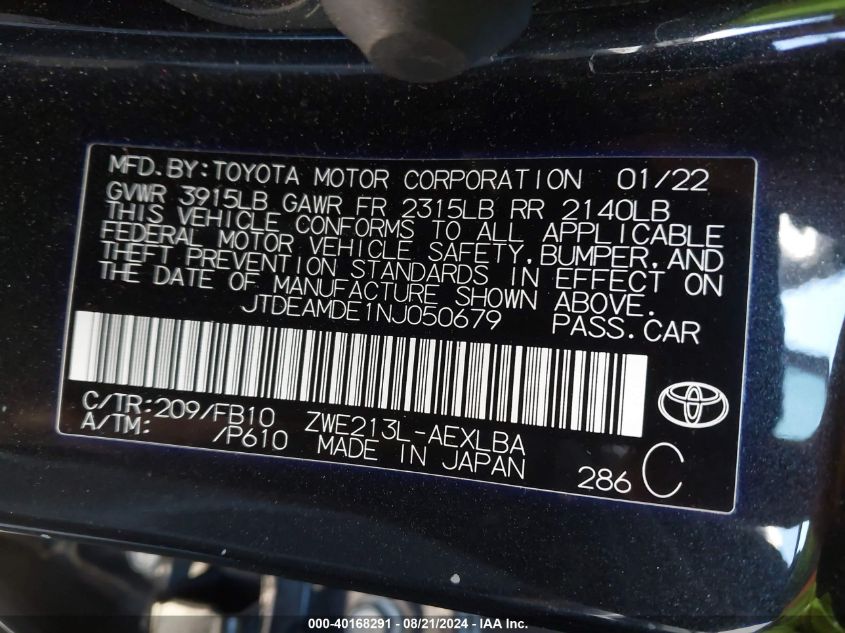 2022 Toyota Corolla Hybrid Le VIN: JTDEAMDE1NJ050679 Lot: 40168291