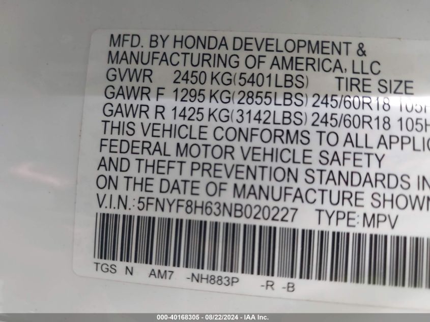 2022 Honda Passport Awd Trailsport VIN: 5FNYF8H63NB020227 Lot: 40168305