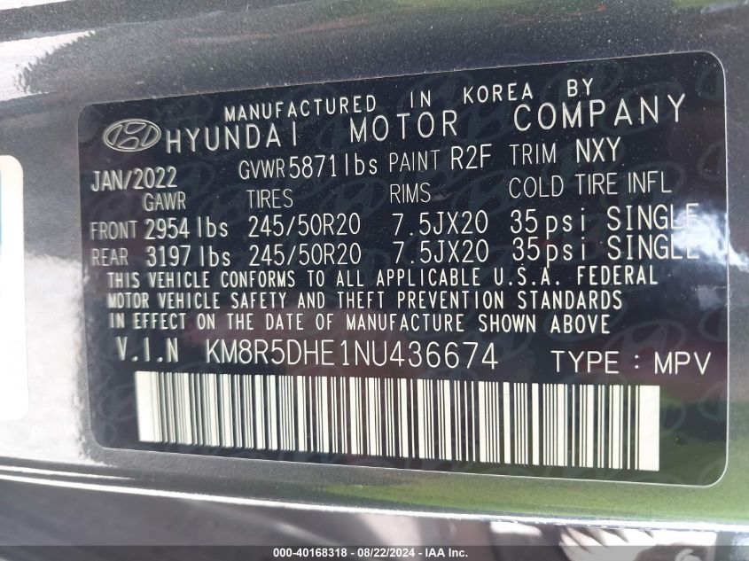 2022 Hyundai Palisade Limited VIN: KM8R5DHE7NU436674 Lot: 40168318