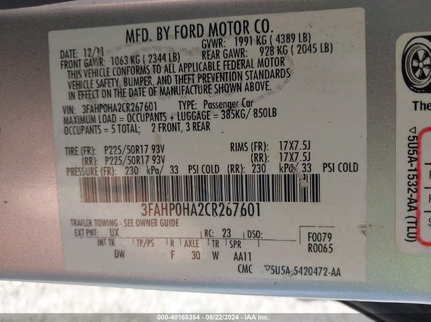 2012 Ford Fusion Se VIN: 3FAHP0HA2CR267601 Lot: 40168354