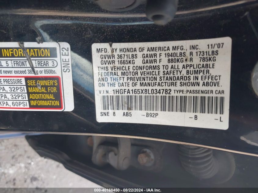 2008 Honda Civic Sdn Lx VIN: 1HGFA165X8L034782 Lot: 40168450
