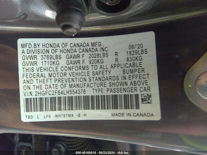 2020 HONDA CIVIC LX - 2HGFC2F64LH554376