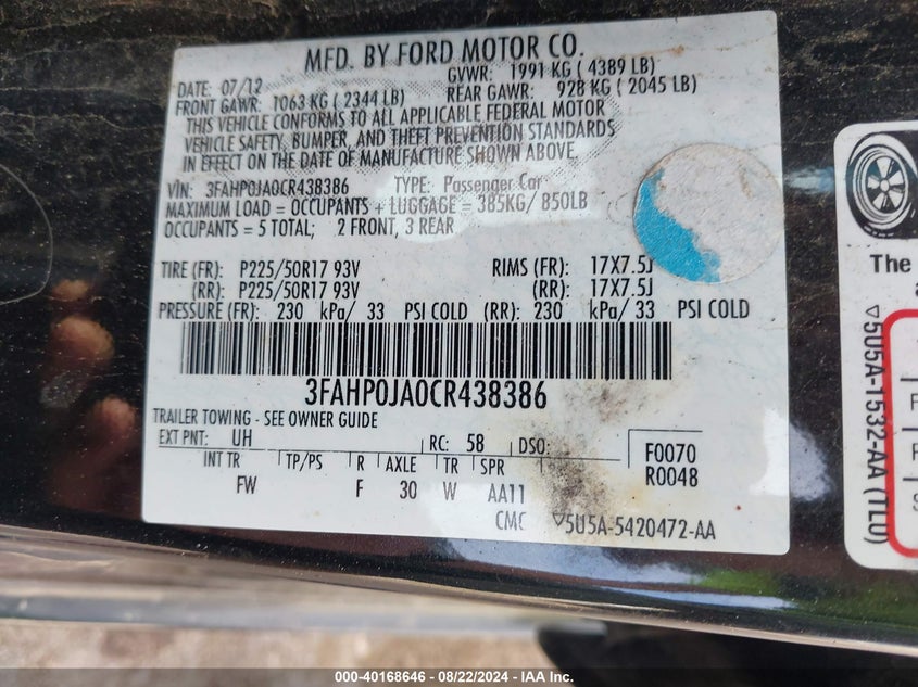 2012 FORD FUSION VIN: 3FAHP0JA0CR438386