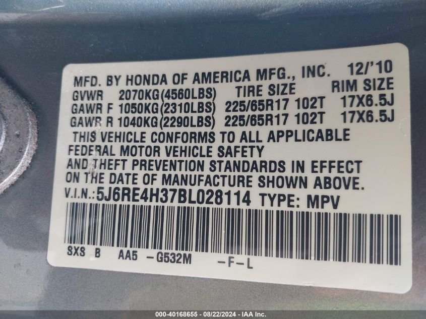 2011 Honda Cr-V Lx VIN: 5J6RE4H37BL028114 Lot: 40168655