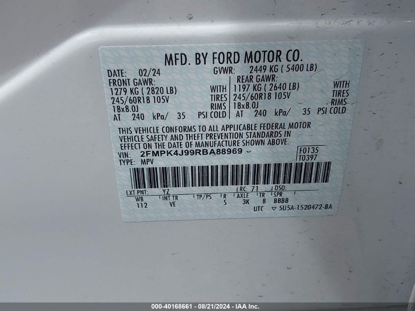 2024 Ford Edge Sel VIN: 2FMPK4J99RBA88969 Lot: 40168661