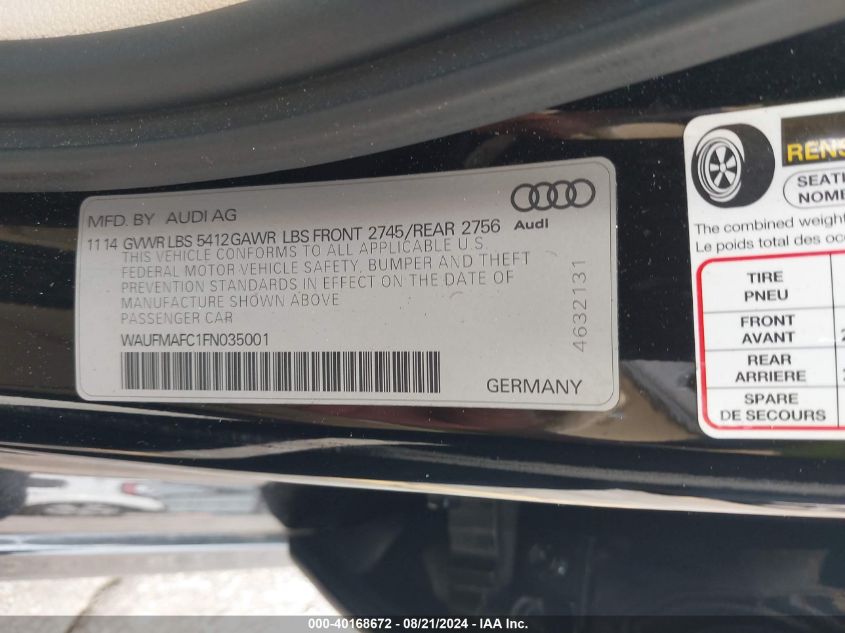 2015 Audi A6 3.0 Tdi Premium Plus VIN: WAUFMAFC1FN035001 Lot: 40168672