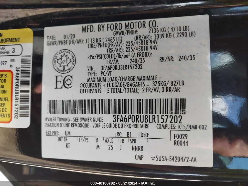 2020 Ford Fusion Hybrid Titanium VIN: 3FA6P0RU8LR157202 Lot: 40168792