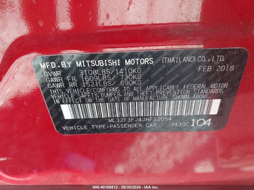 ML32F3FJ4JHF12054 2018 Mitsubishi Mirage G4 Es