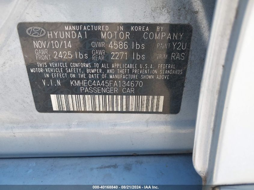 2015 Hyundai Sonata Hybrid VIN: KMHEC4A45FA134670 Lot: 40168840