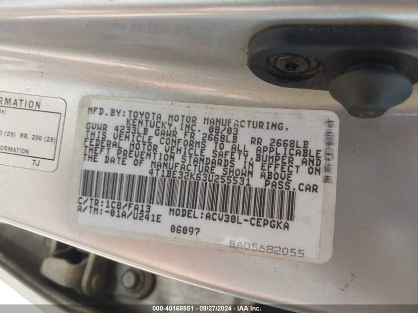 2003 Toyota Camry Xle VIN: 4T1BE32K63U255531 Lot: 40168851