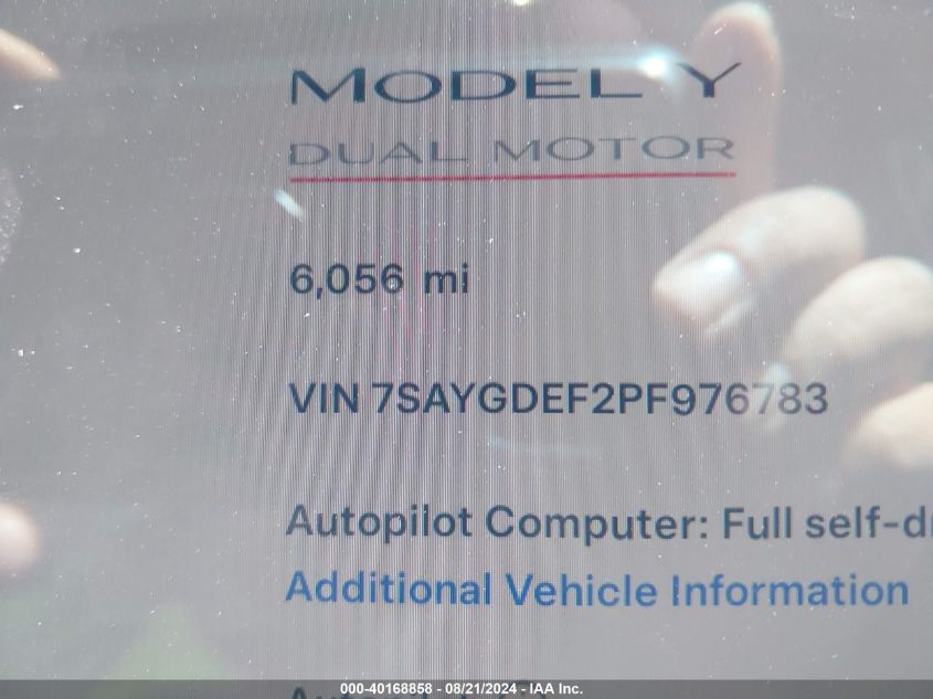 2023 Tesla Model Y VIN: 7SAYGDEF2PF976783 Lot: 40168858